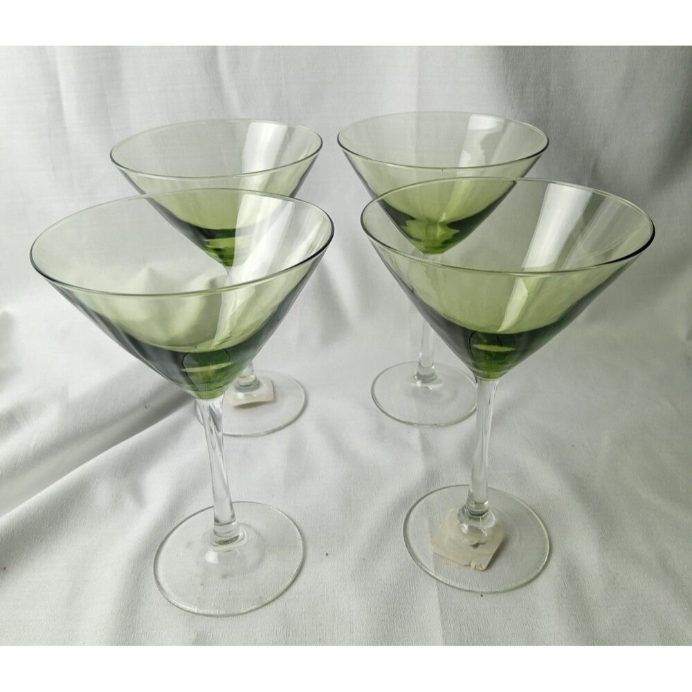 Vtg Libbey Large Olive Green Martini Glasses Clear Stem Cocktail MCM Set of 4